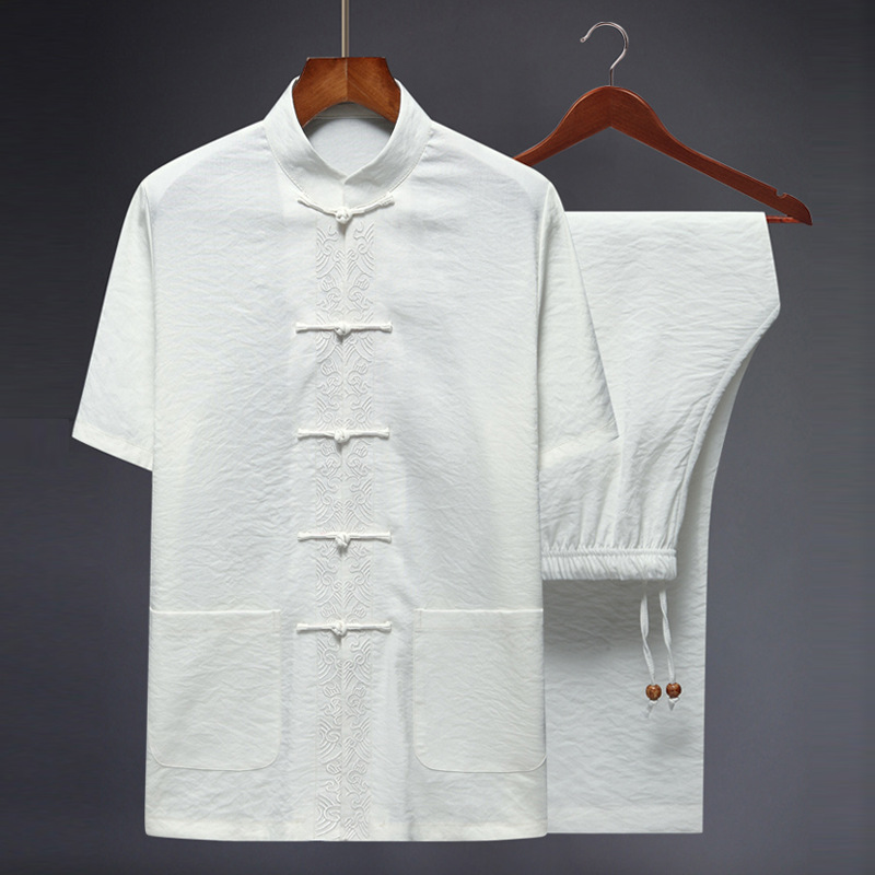 Middle-aged and elderly men's Tang suit thin cotton and linen short-sleeved suit summer loose version Chinese style Chinese stand collar embroidered shirt