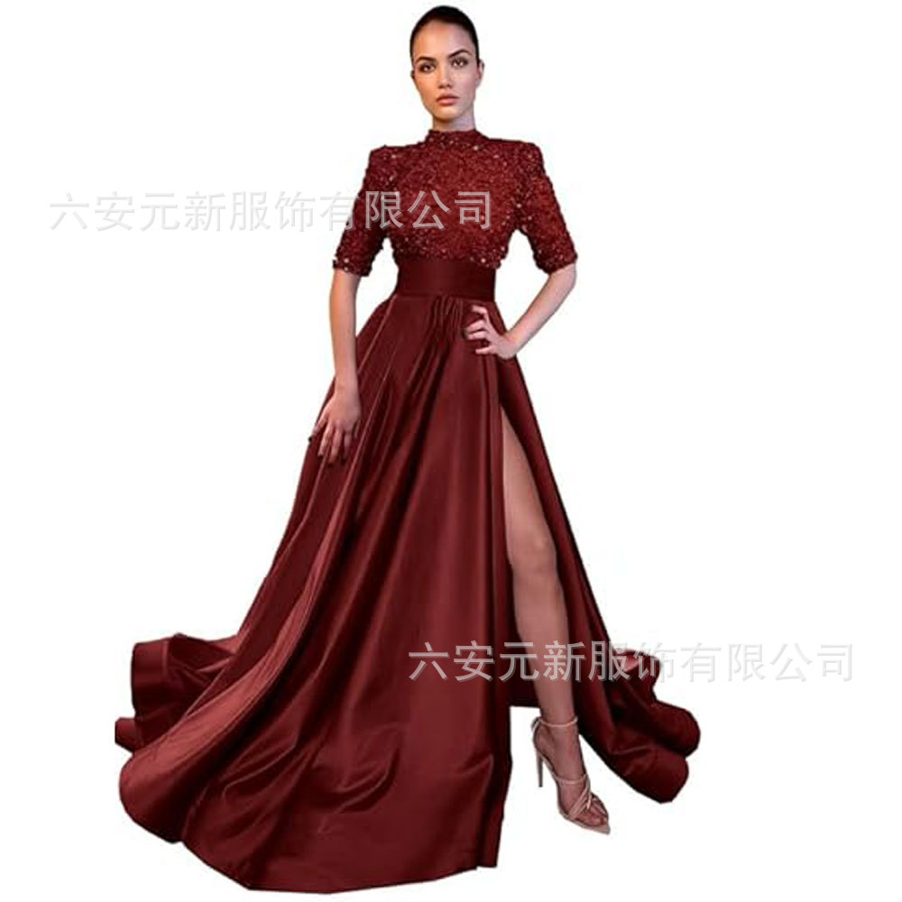 Europeo y americano Amazon AliExpress vestido de fiesta media manga lentejuelas satén vestido de noche A-line vestido de fiesta de hendidura image 6