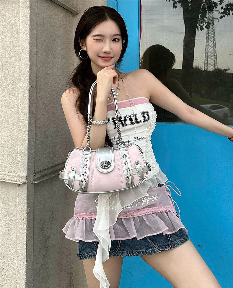 Pink Women's Shoulder Bag With Chain And Patchwork Detail_voghion.com