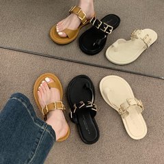Toe slippers for women's summer outer wear 2024 new French style high-end sandals and slippers, fashionable retro beach slippers