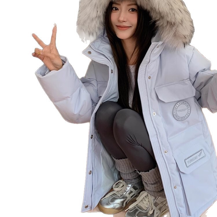 929连帽大毛领2025冬季新款工装派克羽绒棉服 女中长款宽松外套|undefined