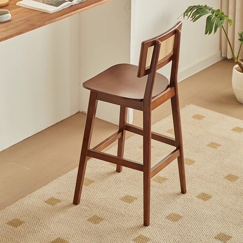 Tall Bar Chair Nordic Home Internet Celebrity Rattan Backrest Chair Retro Bar Cashier Front Desk Solid Wood Island Stool