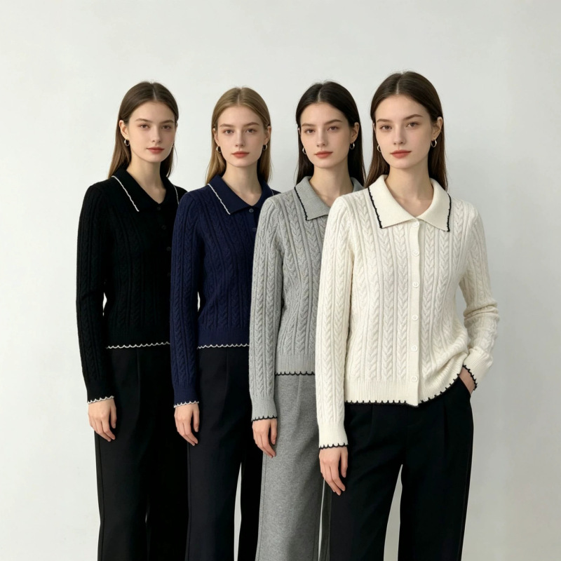 Autumn and Winter Layered Wear Polo Knitwear with Contrasting Color Trim and Single-Breasted Slimming Cable Knit Sweater Wholesale in Stock