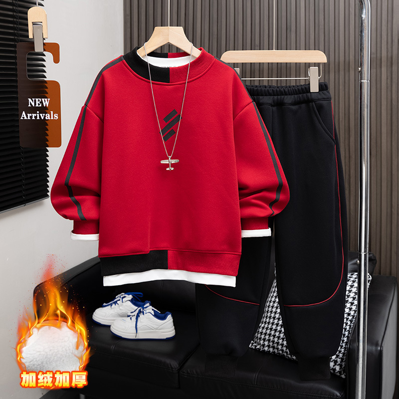 Boys' Warm Fleece-Lined Suit 2025 Winter New Style for Older Children, Simple and Stylish Children's Sporty Two-Piece Set