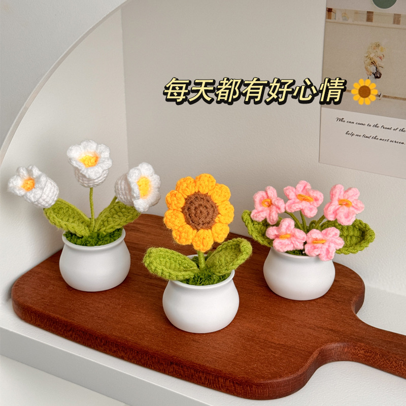 Regalos de día al por mayor girasoles para chicas, ramo de lana tejida a mano, adornos de mesa pequeños