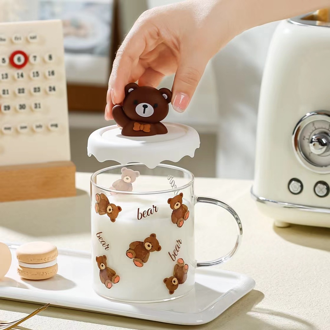 Creativo de dibujos animados Oso de vidrio con tapa de alto aspecto lindo regalo de mano taza de bebida simple taza de oficina