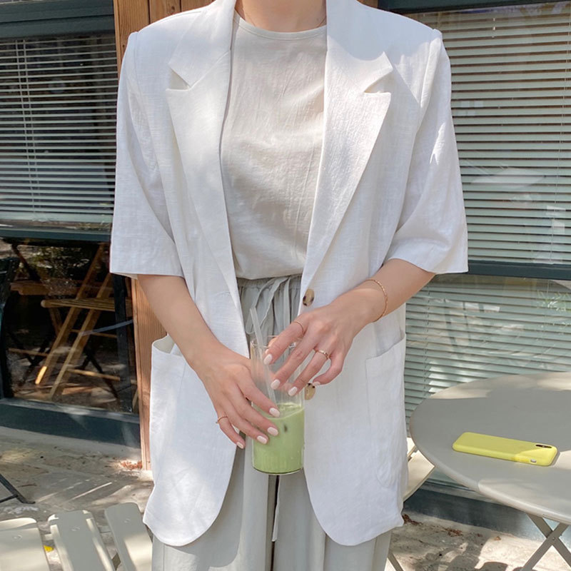 In-Stock Korean Chic Summer French-Style Lapel Two-Button Large Pocket Loose Casual Short-Sleeve Blazer for Women