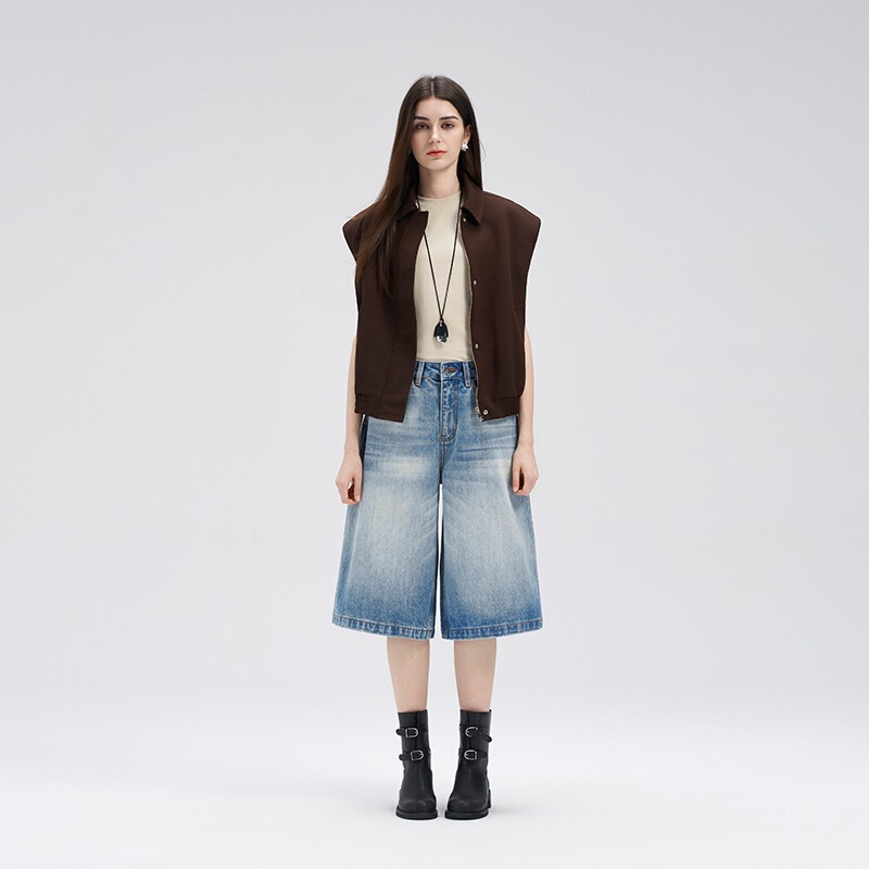 Light Luxury Sweet Cool Style Heavy-Duty Wide-Leg Cropped Pants Pure Cotton Loose Slimming Versatile Straight-Leg Denim Shorts for Women