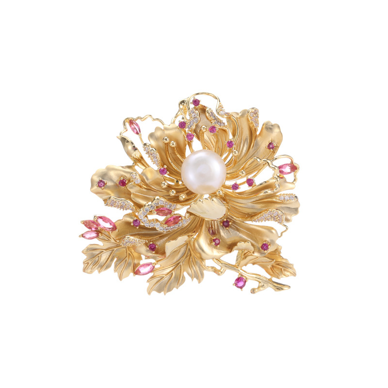 Broche pivoine luxueuse avec perle d'eau douce accessoire élégant_voghion.com