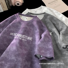 230 グラム夏アメリカンハンサムタイダイ Tシャツメンズルーズトレンディ半袖 Tシャツブラックホワイトダークグレーアーミーグリーン