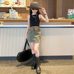 Girls, middle and older children's suits, fashionable and casual, 2024 summer new style, round neck vest, straight A-line skirt, trendy