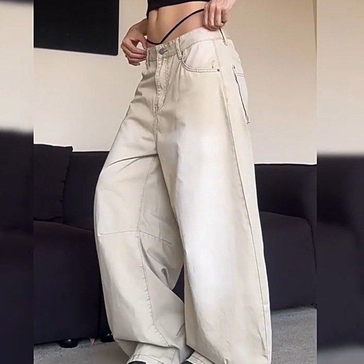 美式复古大码做旧立体裁剪工装裤子女辣妹宽松bf慵懒风拖地弯刀裤|undefined