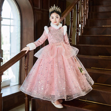 女童裙子冬季婚礼小女孩钢琴主持人演出服儿童礼服加绒加厚公主裙