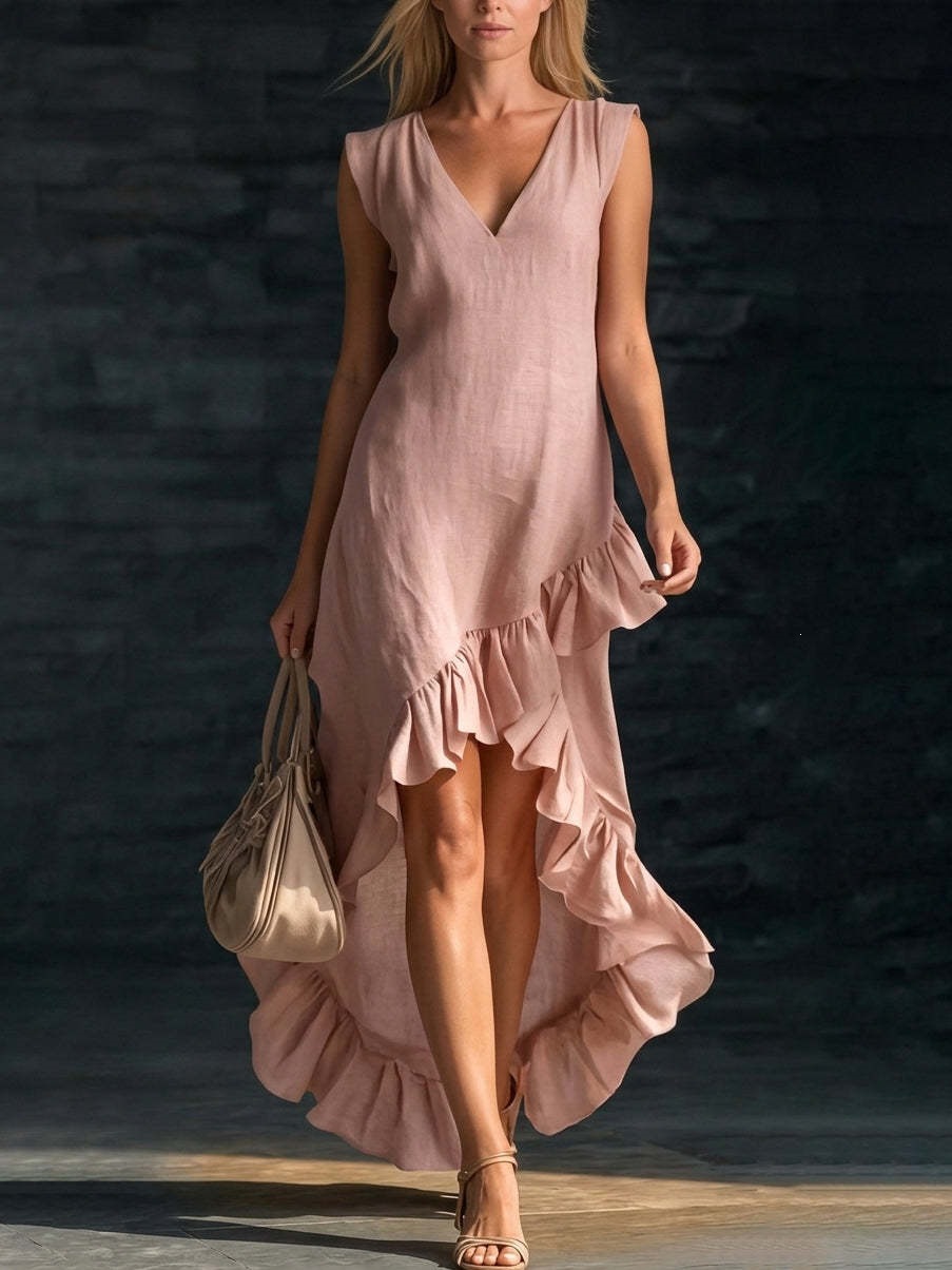 Fashionable Romantic Sleeveless V Neck Ruffled Hem Cotton Linen Long Dress For Women New_ecoleips.com