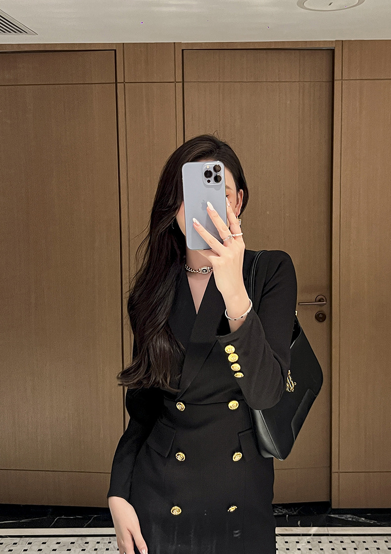 Đầm blazer nữ công sở kiểu dáng thời trang Pháp, tay dài, cổ ve — Màu đen chi tiết 19