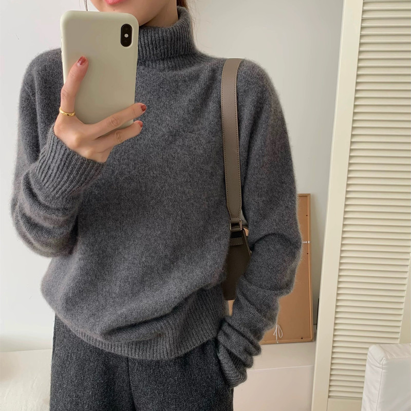 2025年の新型秋冬の灰色の高襟の厚いセーターの女性の怠惰な風の純色のニットの女性の底のシャツのファッション|undefined