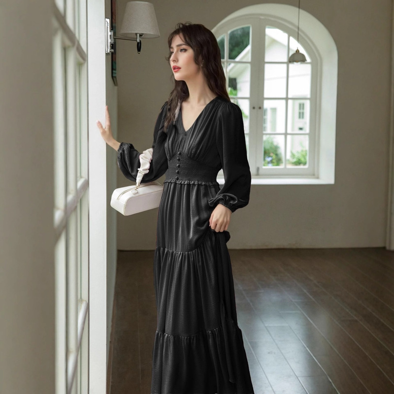 European and American Hong Kong Style Korean Chic Ruffled Solid Color Long Dress for Women, Casual Design with Long Sleeves and Puff Sleeves