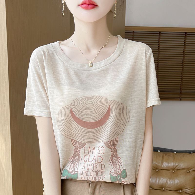 Clearance Sale Tencel~Vanilla Gray Short-Sleeve Versatile Printed Round-Neck T-Shirt Knit Top