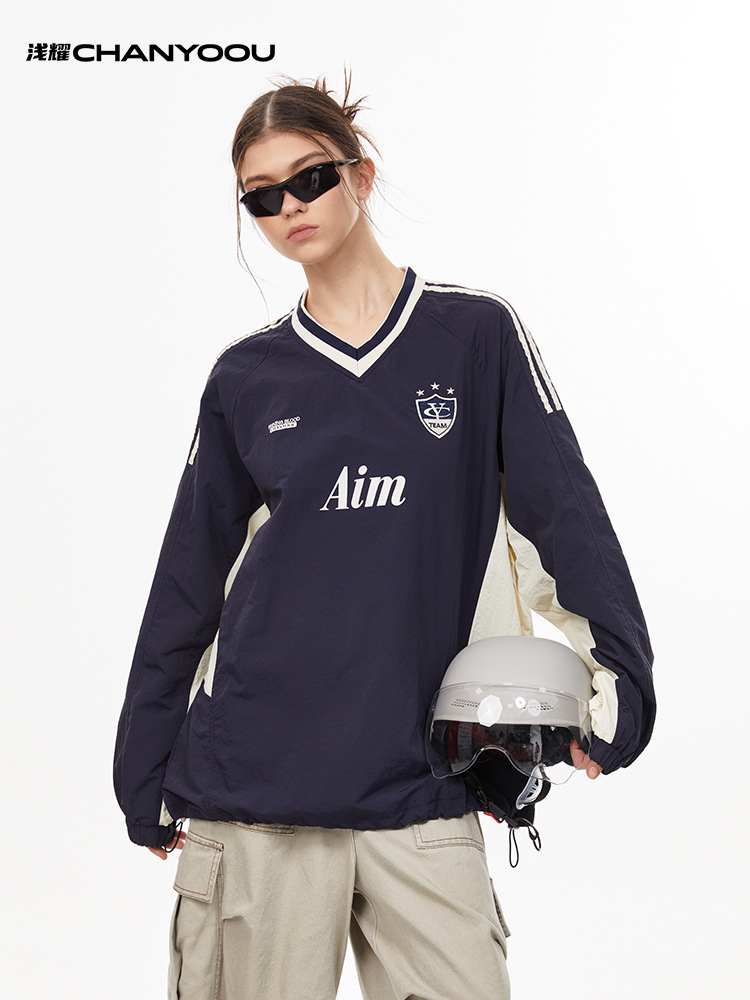 QIANYAO MEN'S | ヨーロッパとアメリカのレトロなコントラストカラーの速乾性長袖Tシャツ、ゆったりとしたレイジースタイルの秋のトレンドジャージスポーツトップ