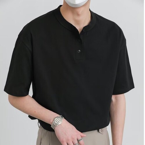 Summer Solid Color Collar Polo Shirt for Men, Summer Slim Fit Casual Half-Sleeve Student Bad Boy Style Collarless Short Sleeve T-Shirt