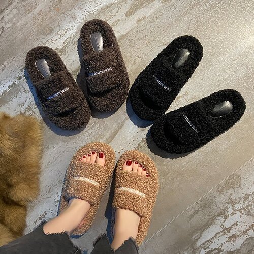 Thick-soled letter lamb fur slippers for women's outer wear  new autumn and winter Internet celebrity women's plus velvet casual cotton half slippers