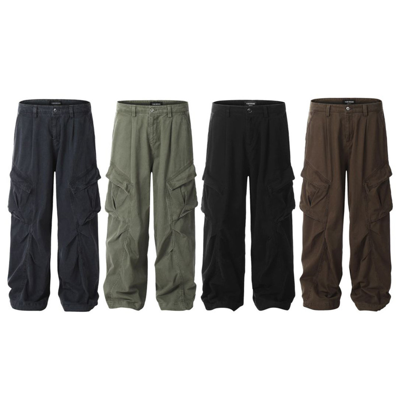 11Kn American Retro High Street Cargo Pants with Multi-Flap Pocket Pants Design, Wide-Leg Casual Pants for Men and Women, Loose Floor-Length Pants