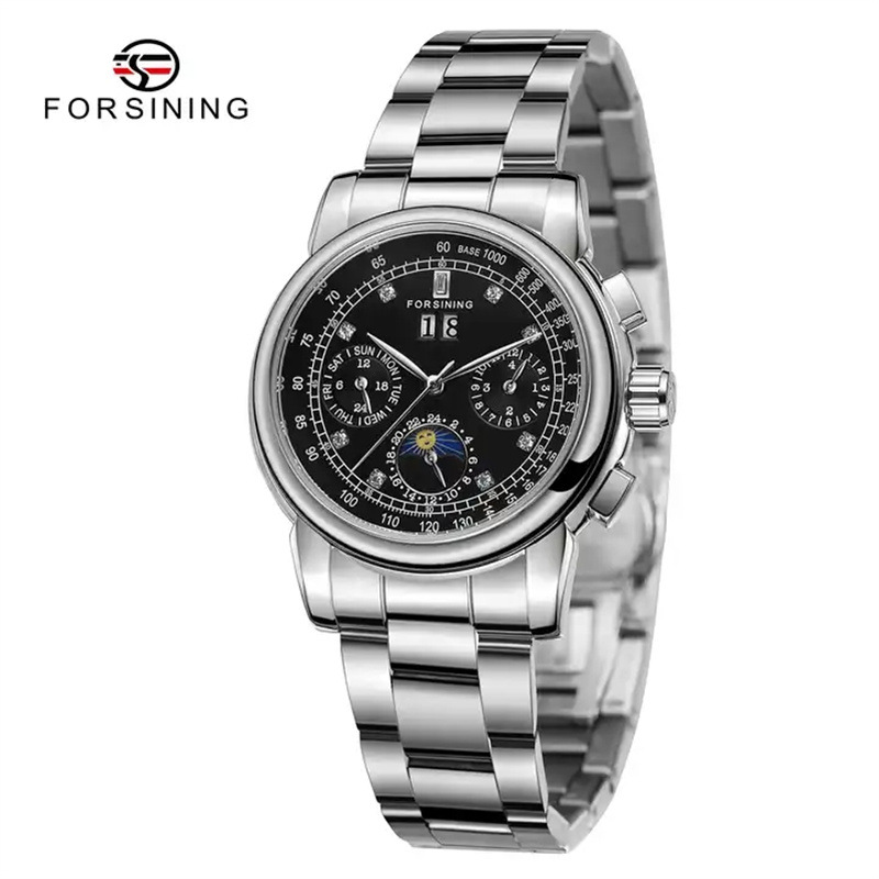 Forsining mujer moda casual movimiento mecánico multifuncional reloj mecánico automático correa de acero Sun Moon Star