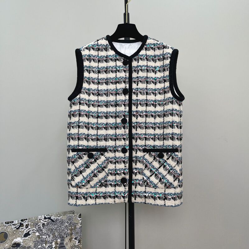 French-Style High-End Design Sequin Plaid Striped Tweed Sleeveless Jacket for Women, Elegant Socialite Chanel-Style Vest