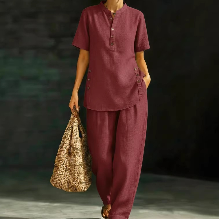 New Women's Linen Two-Piece Set American Style Comfortable Casual Button Up Shirt With Wide Leg Pants_ecoleips.com
