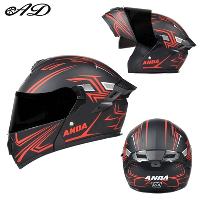 Motosiklet kaskı (dəbilqə) — Wing, Flip-Up Helmet with 3C Certification - exclusively-for-foreign-trade-red-line-black-tea-mirror-high-definition-mirror-m-code