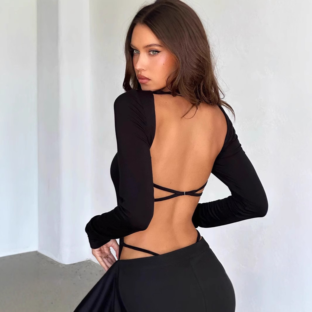 Foreign Trade European and American Women's 2024 Winter New Sexy Spice Girl U-Neck Hollow Elegant Slim-fit Long-sleeved jumpsuit for Women