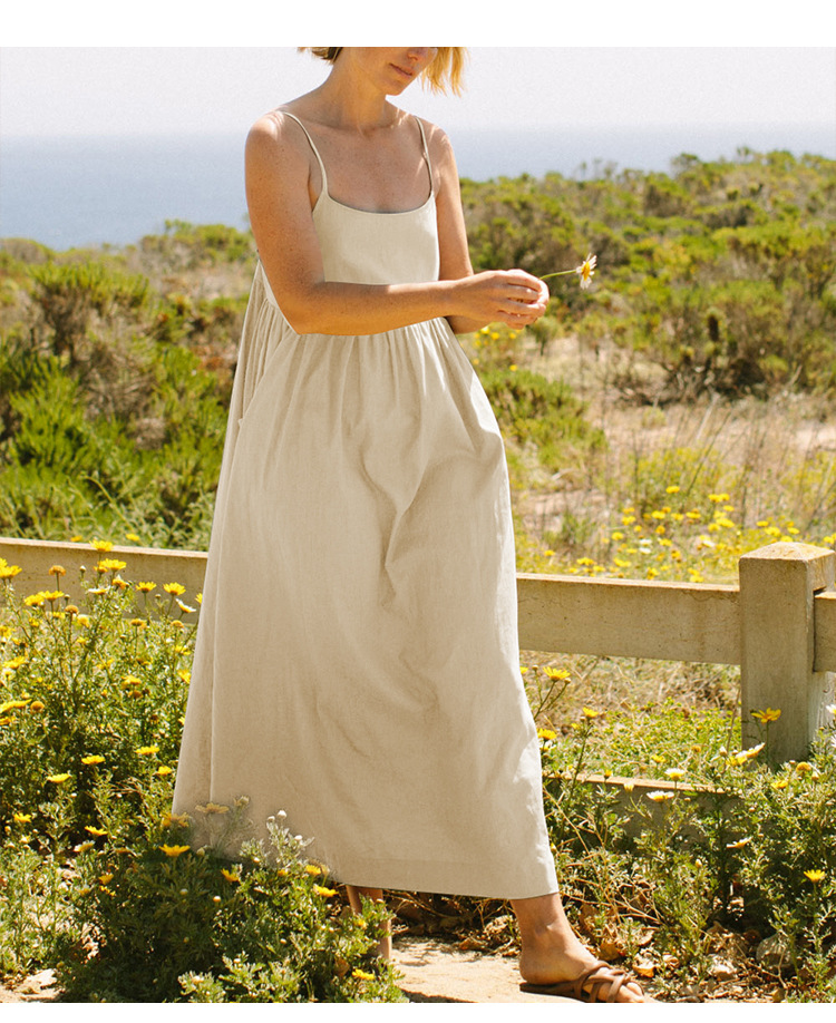 Summer Pure Cotton Sling Dress French Design Large Pocket Loose Slim Fit Adjustable Shoulder Strap Midi Dress for Women