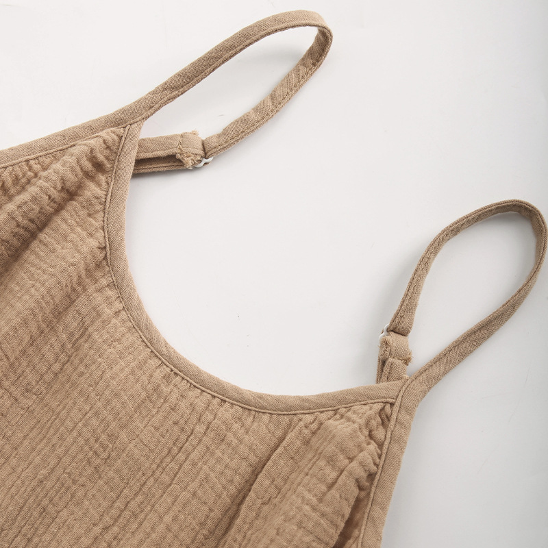 Crepe Cotton Suspender Dress Women Spring Summer Solid Color Sleeveless Midi Dress Holiday Casual Dress