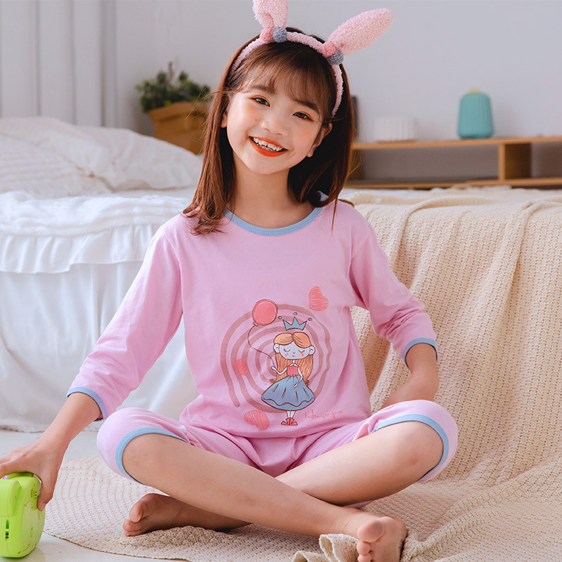 (2개) 봄과 여름을위한 새로운 어린이 에어컨 옷 얇은 잠옷 면 소년 소녀를위한 7 점 소매  홈 옷
