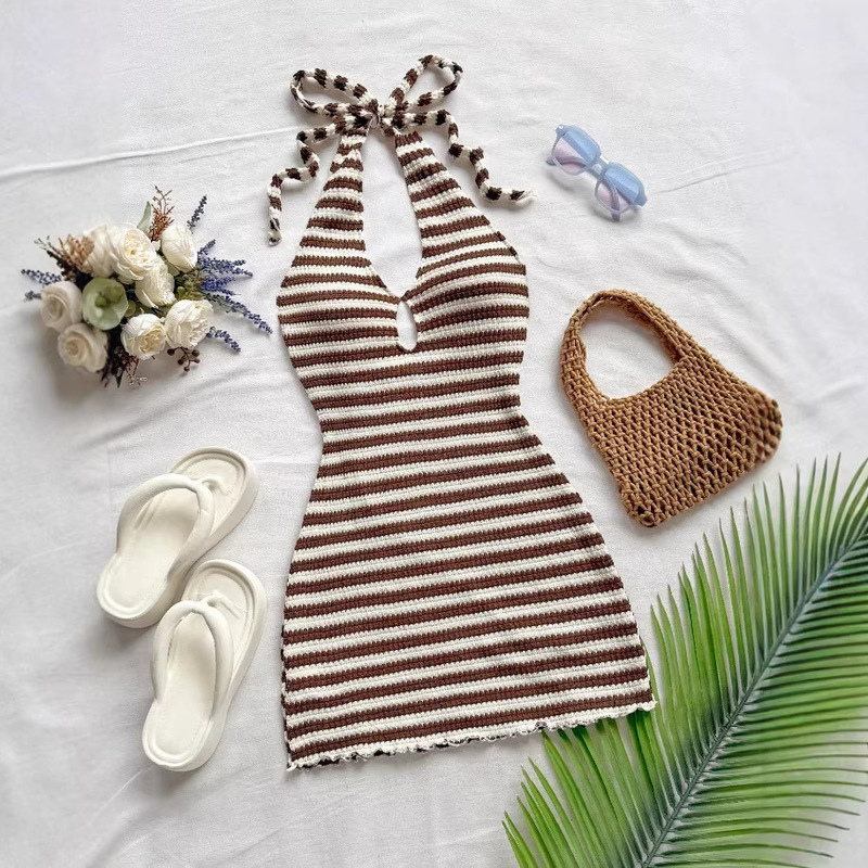 New European and American Style Women's Dress, Shoulderless and Backless Office Sleeveless Textured Brown Knit Mini Dress