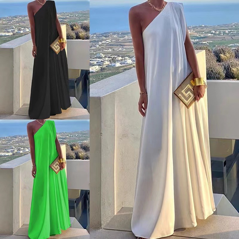 连衣裙2025夏季跨境女装新款单肩无袖礼服长款纯色裙子现货