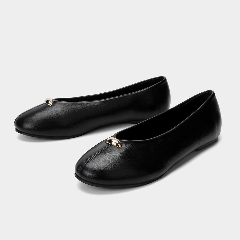 Za2026 Spring and Summer New Women's Shoes Black Leather Appliqué Flat Round-Toe Ballet Shoes Metal Buckle Flat Shoes Za2026 Spring and Summer New Women's Shoes Black Leather Appliqué Flat Round-Toe Ballet Shoes Metal Buckle Flat Shoes