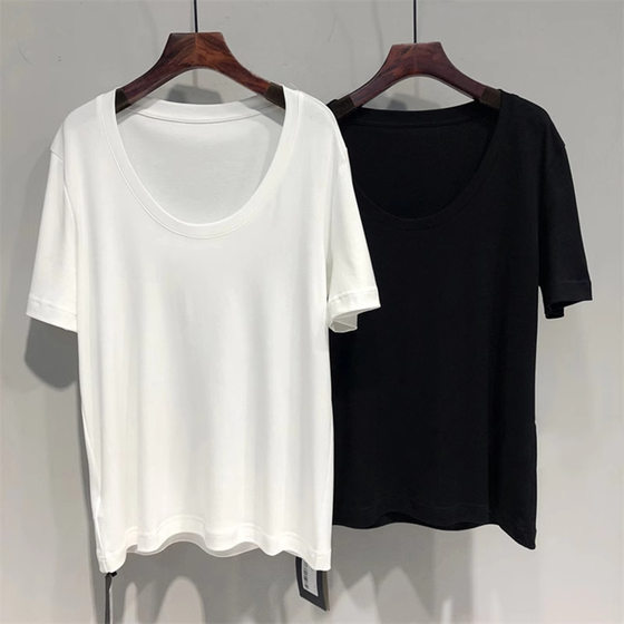 European U-neck White T-shirt Women's Top Summer 2024 Simple Style Loose Half-sleeve All-match Basic Short-sleeve