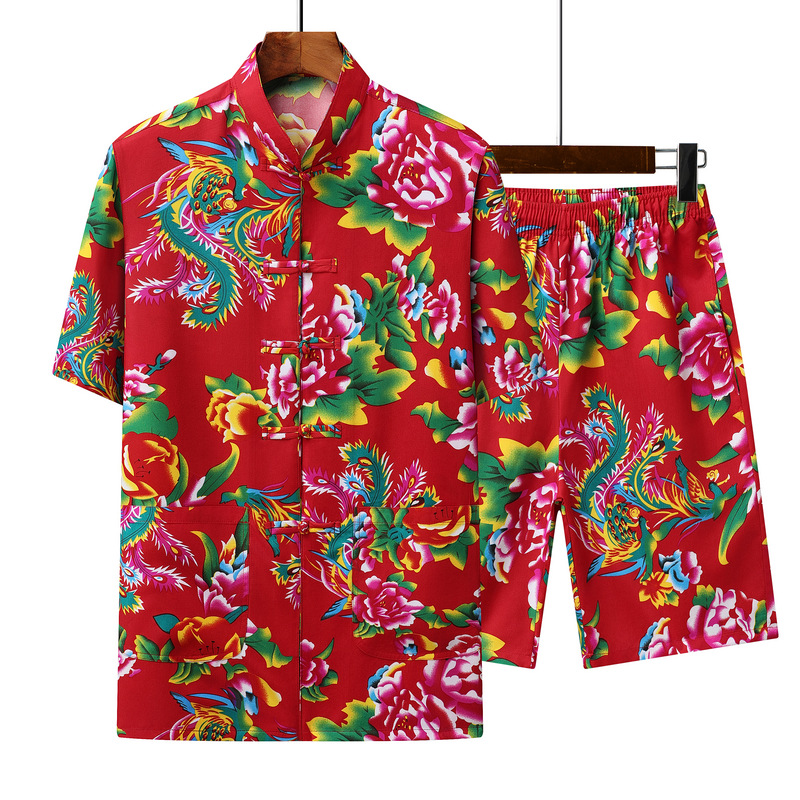 Men's Embroidered Short-Sleeve Tang Suit Set, 2025 Summer New Style, Men's Casual Shirt with Large Floral Pattern, Two-Piece Set