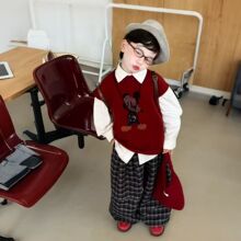 儿童2025春秋季新款卡通线衣马甲外套衬衫格子裤子宝宝美式三件套