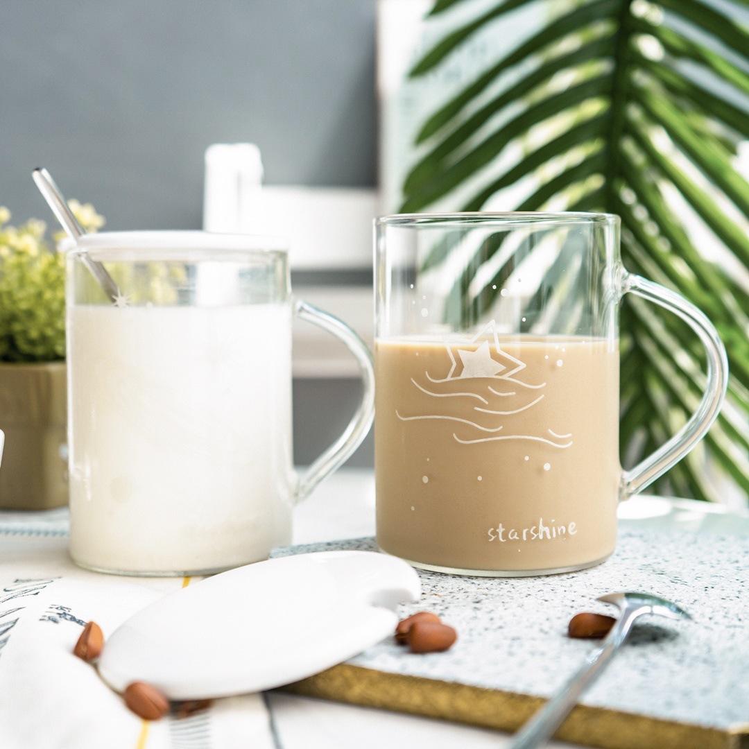 Vidrio luminoso creativo con tapa cuchara regalo transparente taza de agua cielo estrellado patrón taza japonesa Oficina