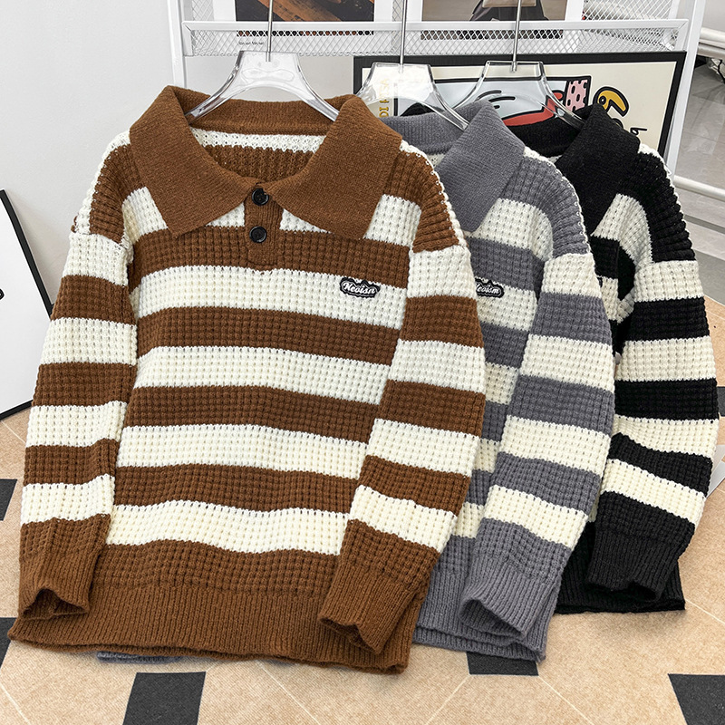 Winter Japanese-Style Polo Collar Striped Sweater for Men Trendy Brand Autumn and Winter Lazy Couple Loose Knit Top