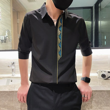 短袖衬衫男夏季潮流薄款宫廷印花高级感韩版休闲发型师七分袖衬衣