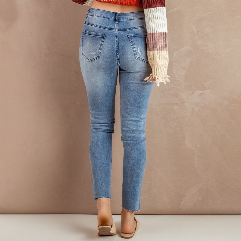 时颖长裤女浅色秋冬亚马逊新品纯色单排扣高腰欧美牛仔裤女