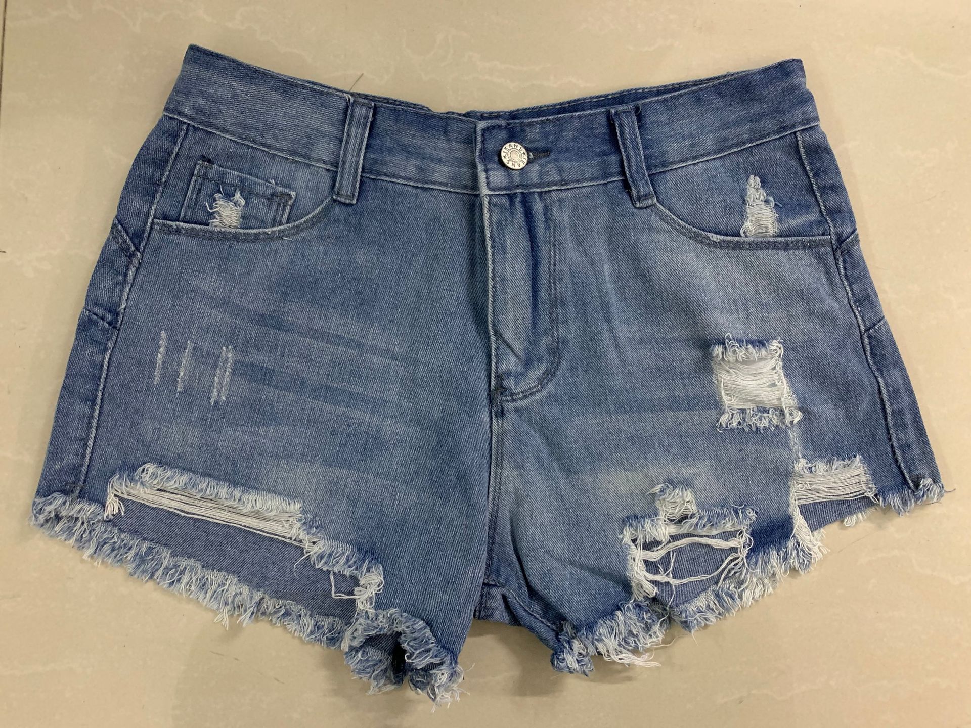 Ripped Straight Mid-Waist Frayed Raw Hem Denim Shorts NSJRM72191