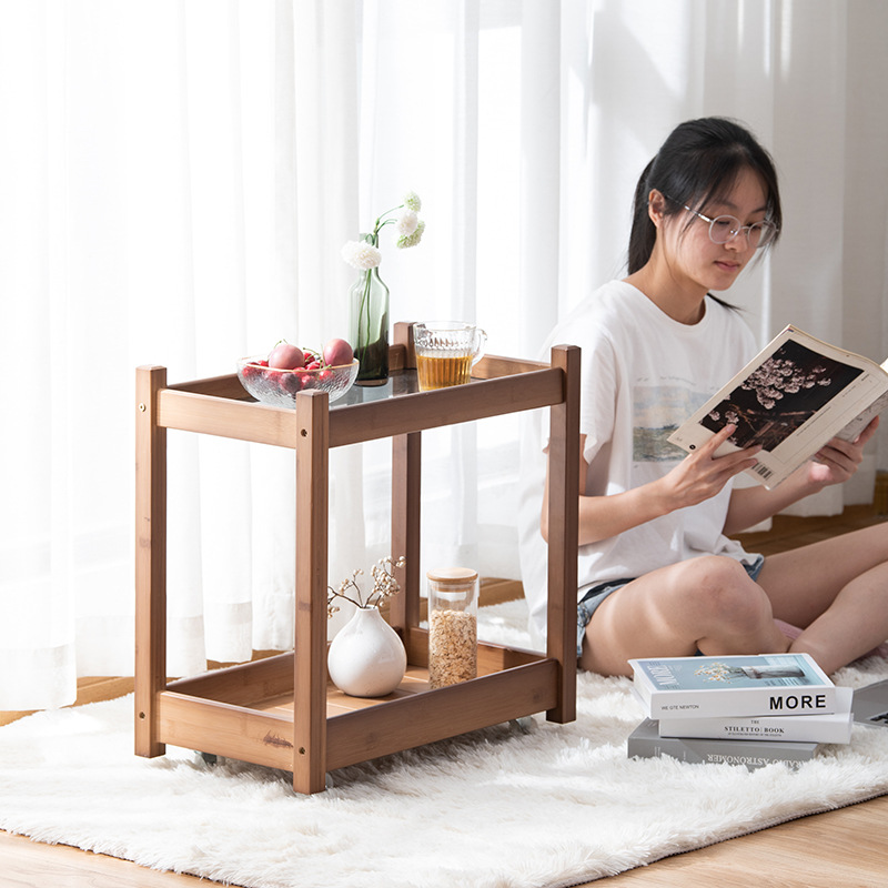 Pequeña sala de estar mesa de té de vidrio estilo ins sofá Carro Lateral moderno simple marrón móvil carrito de té Nuevo