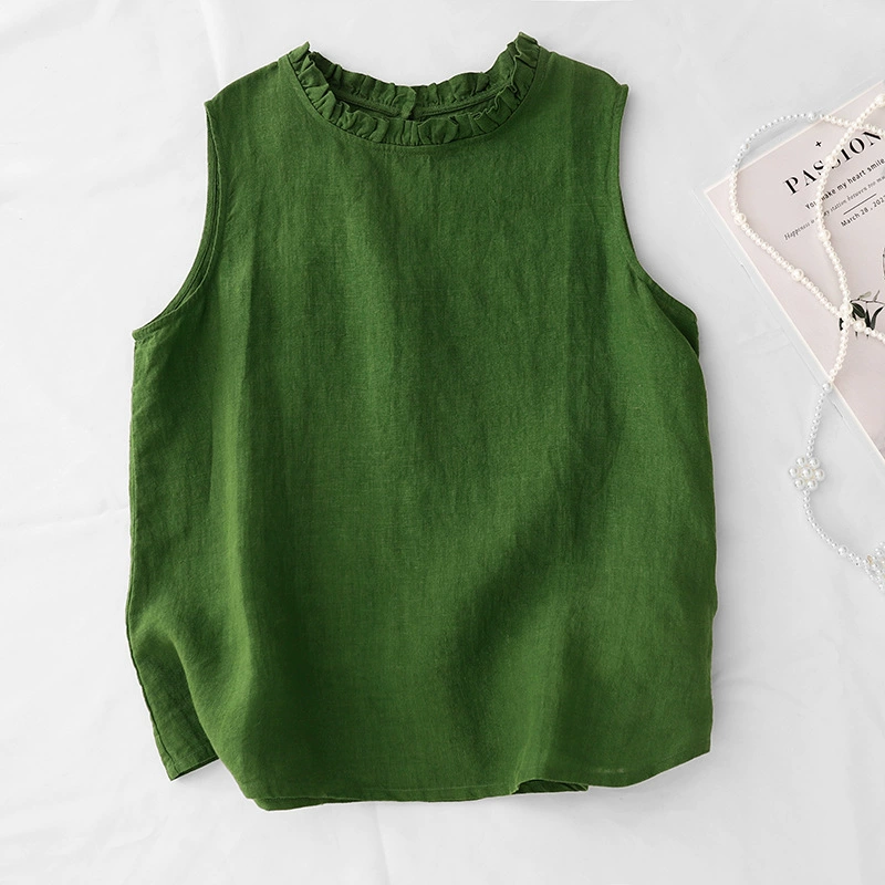 Реальный выстрел льняной зеленый жилет женский 2025 летний новый нишевой дизайн деревянный ушной воротник без рукавов