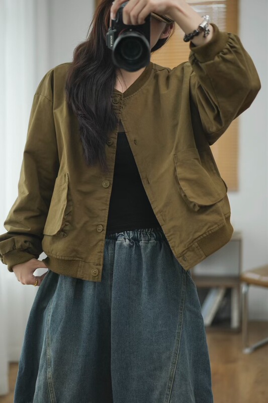 日系工装棒球领短外套女 2025秋新款韩版宽松休闲口袋夹克 8307|undefined