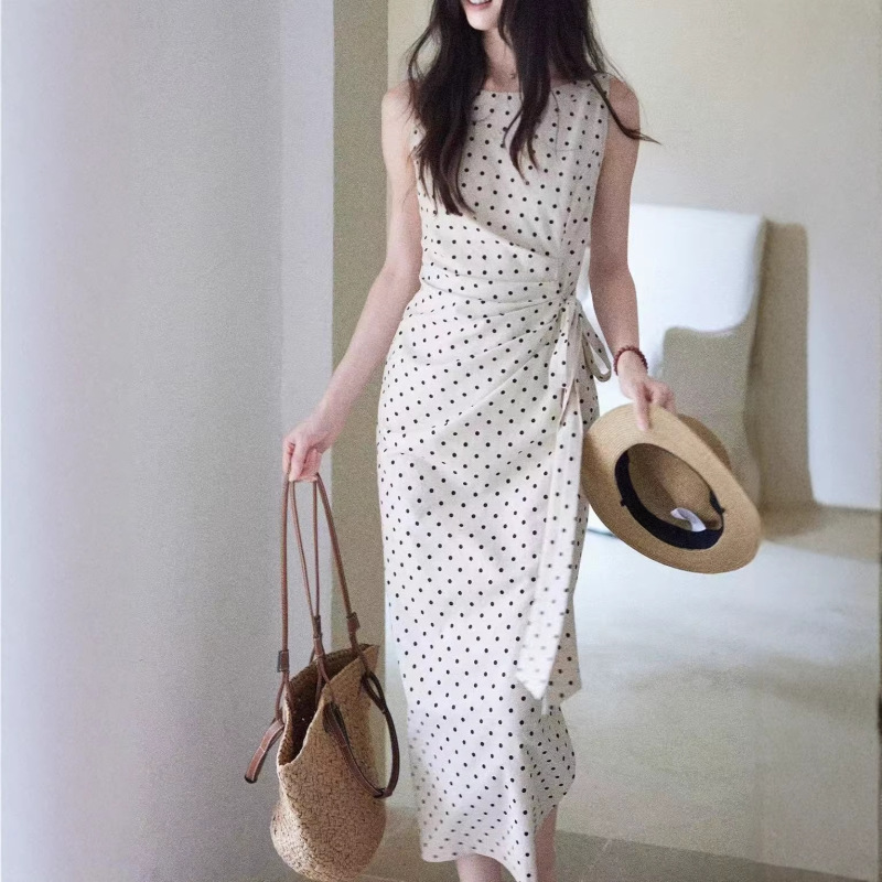 Elegant Polka Dot Dress for Women - Summer Side-Waist Cinched Linen Cotton French Style Long Dress Elegant Polka Dot Dress for Women - Summer Side-Waist Cinched Linen Cotton French Style Long Dress