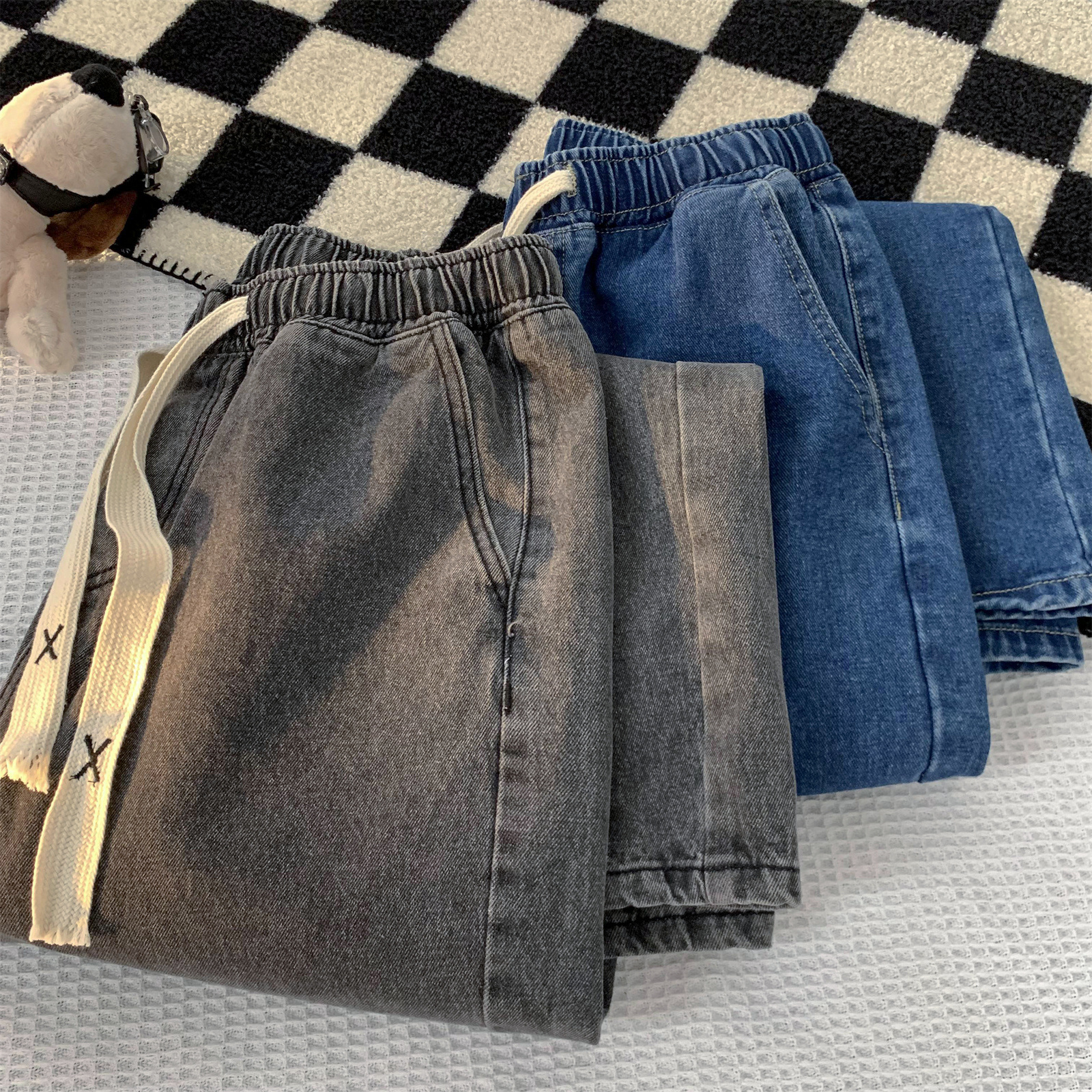 Pantalones vaqueros de los hombres lavados pantalones de mezclilla retro Pantalones rectos con cordón de otoño de los hombres pantalones casuales de talla grande